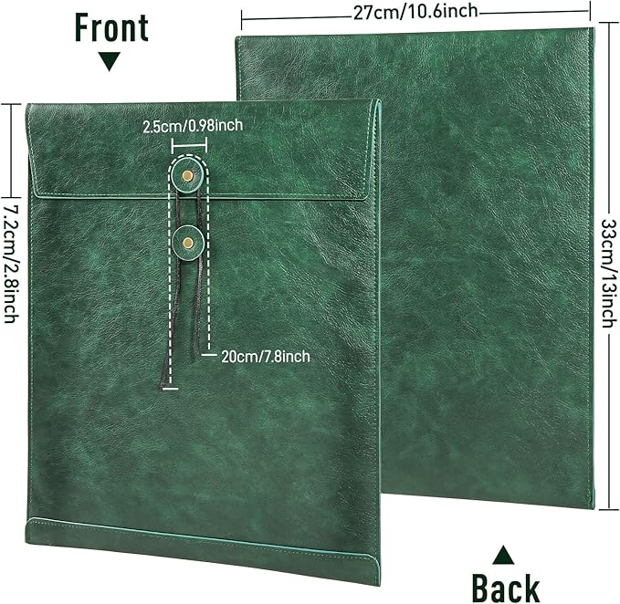 Green PU Leather File Folder for Documents,Important Document Folder with String Tie,Laptop Sleeve Notebook Case,Leather File Organizer, A4 Envelopes Filing Folder