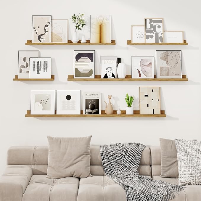 RICHFOCUS Picture Ledge Shelf, 24 inch Floating Shelves Set of 2, Wood Wall Shelves with Lip, Wall Decor Storage for Bedroom Living Room Bathroom Kitchen Nursery Photo Picture, Oak