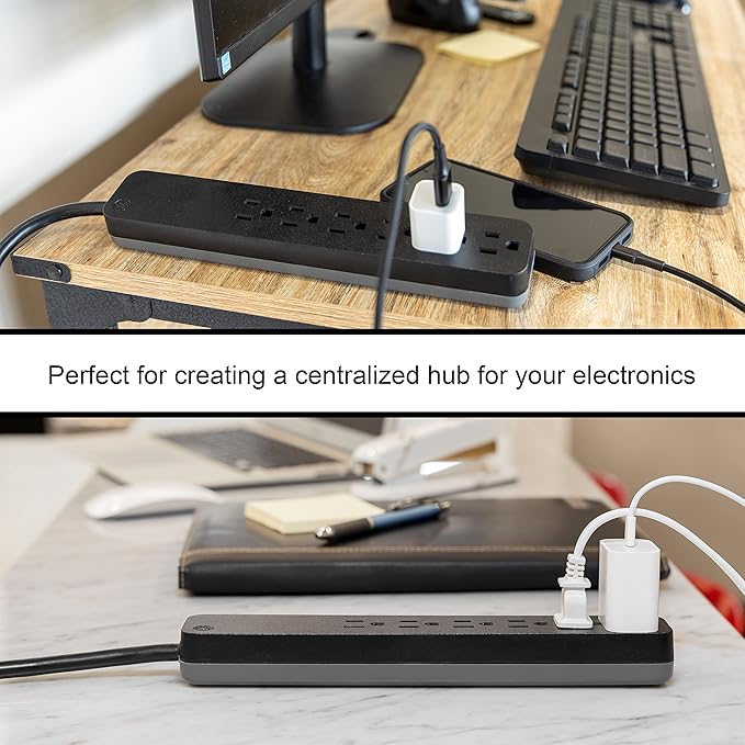 GE Pro 6-Outlet Surge Protector, 8 Ft Extension Cord, 1560 Joules, Power Strip, Flat Plug, Integrated Circuit Breaker, Wall Mount, UL Listed, Black, 37052