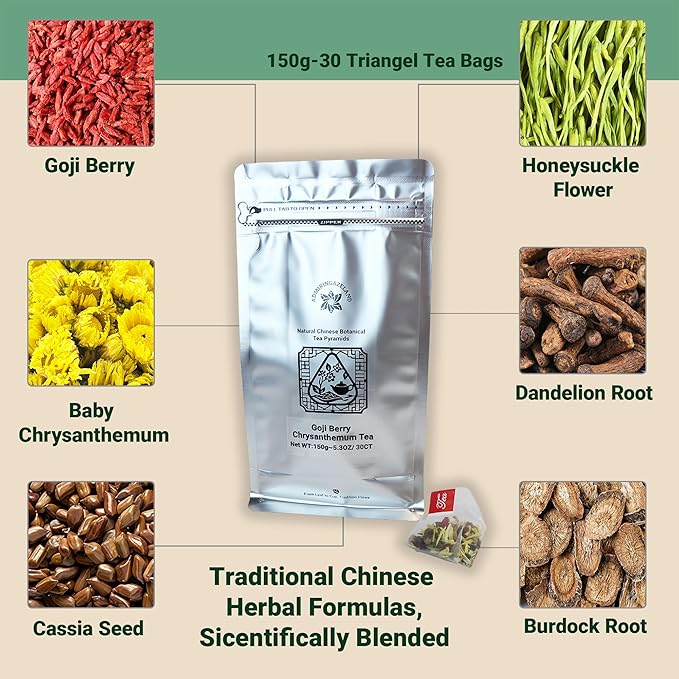 ADMIRINGAZELAND Goji Berry Chrysanthemum Tea Bags, 30 Count - Pyramid Teabags, 6 Ingredients - Dandelion Root, Wolfberry, Cassia Seed, Honeysuckle, Burdock - Chinese Herbal for Office & Home, 5.3 oz