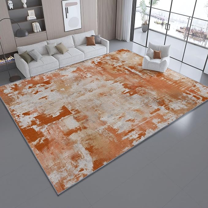 5x7 Washable Area Rug, Orange Color Retro Distressed Textured Design Non Slip Non-Shedding Rug Easy Care for Living Room Bedroom Kitchen Office Carpet