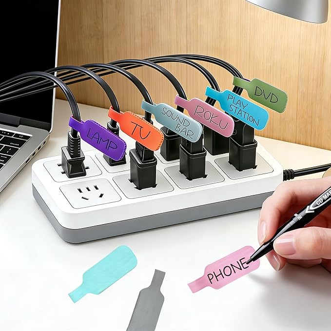 Large Size Cable Labels (35 PCS) - Leather Texture Cord Tags for Wire Organizing & Identification, Comes with 1 Dual-Tip Marker (Thick/Thin), Reusable & No Sticky Residue for Electronics/Home Theater