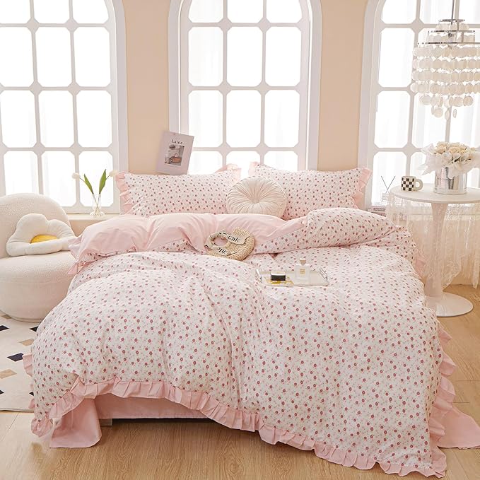 Pink Floral Comforter Set Full Romantic Ruffle Comforter with 2 Pillowcases Vintage Botanical Flowers Comforter Set for Girls Women Fluffy Soft Reversible Stripes Bedding Set with Lace for All Seasons