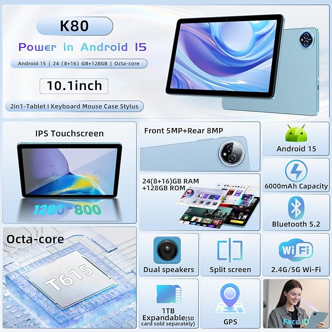 Android 15 Tablet 10 inch,24GB RAM 128 ROM,Tablets with Keyboard Case Mouse Stylus,1TB Expandable,Octa-Core 6000mAh 1280x800 IPS HD,5G WiFi,T615 CPU,High Performance,Processor,Dual Camera(Blue)