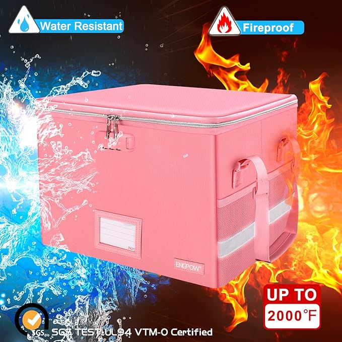 ENGPOW File Box with Lock, Fireproof Document Box with Pockets, Collapsible File Organizer Filing Storage Cabinet with Handle, Portable Home Office Safe for Hanging Letter/Legal Folders, Pink, 2 Pack