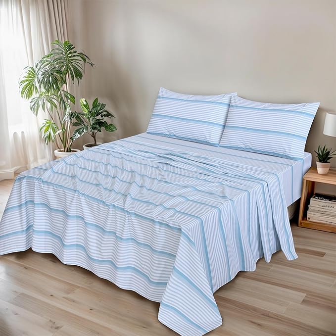 RUVANTI 100% Organic Cotton Sheets California King, Percale Weave, GOTS Certified, 4-Piece Set, Deep Pocket 13", Crisp & Breathable, Soft Durable Bedding, Sábanas Algodón Orgánico – Nautical Stripes