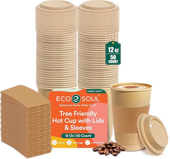 ECO SOUL 50 Pack 12 oz Disposable Coffee Cups with Lids & Sleeves Eco-Friendly, Biodegradable, Compostable, Leak-free & Sturdy To Go Hot Drink Cup for Tea, Chocolate Party Travel Cafe Office & Home