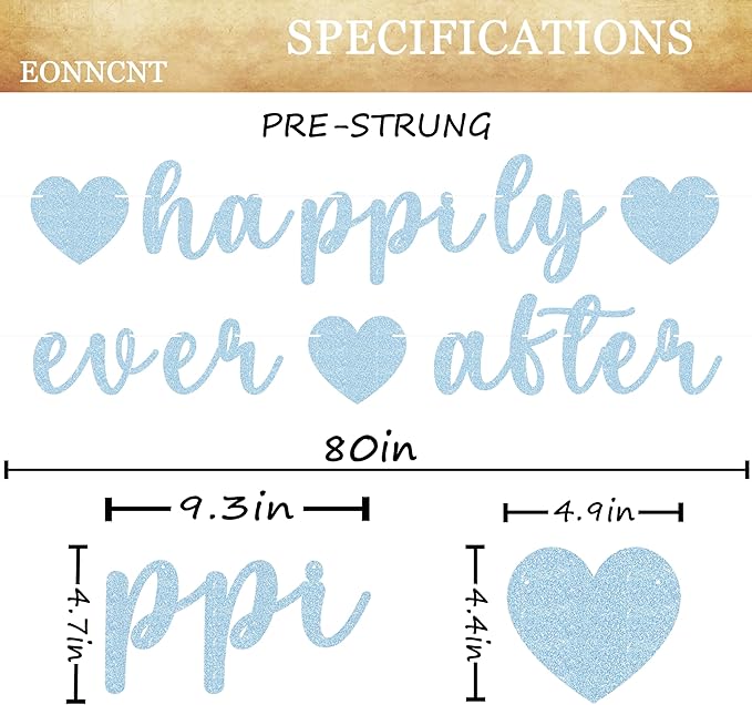Pre-Strung Happily Ever After Banner - Light Blue Glitter Bachelorette Bridal Engagement Party Decoration Supplies, Bachelorette Wedding Party Banner for Engagement, Bridal Shower, Wedding Party Photo Booth Props