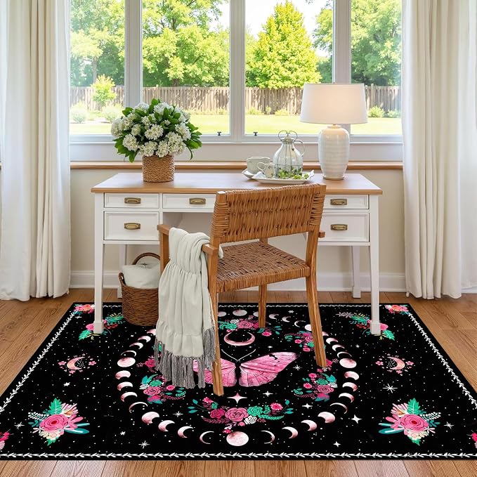 Pink Butterfly Area Rug 6'x9' Moon Phase Floral Rugs for Bedroom Living Room Kitchen Nursery Playroom Home Decor Boho Gothic Butterfly Carpet Non-Slip Washable Floor Mat