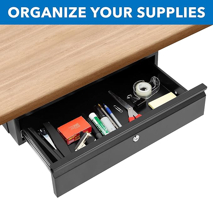 Mount-It! Under Desk Pull-Out Drawer with Lock and 2 Keys Included | Office Storage Organizer | Mounts to Desktops Tables and Workbenches Over 0.71 Inches Thick | Matte Black