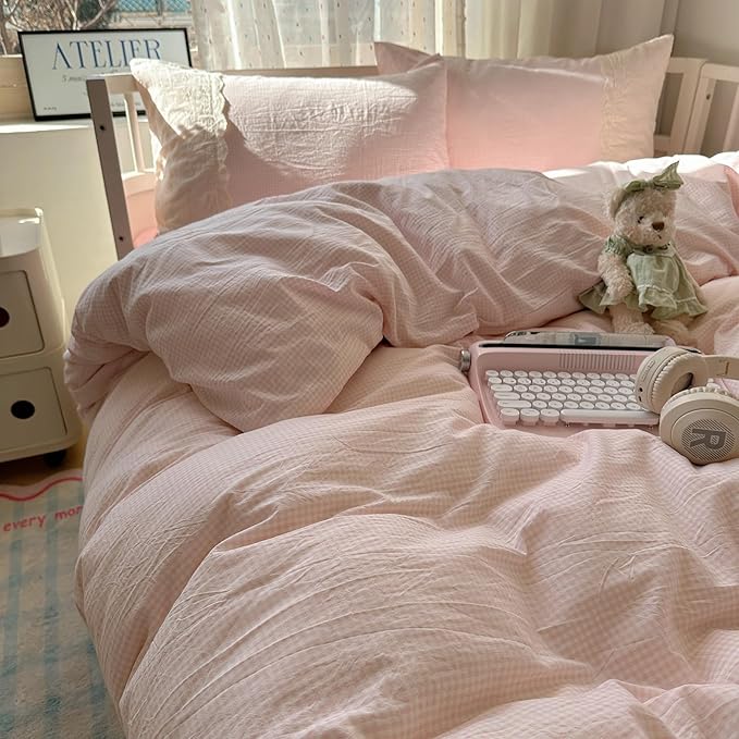 LifeTB Pink Gingham Duvet Cover King Size 3 Pieces Romantic Lace Duvet Cover Pink Plaid Checkered Comforter Cover with 2 Pillowcases Soft Breathable Microfiber Grid Farmhouse Plaid Bedding Set