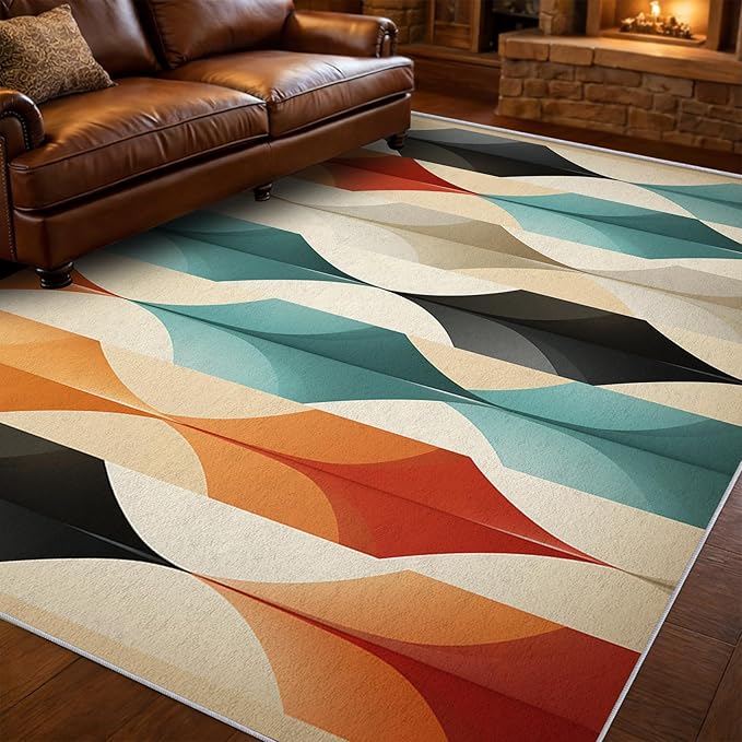 Mid Century Modern Area Rug 7x8, Washable Non Slip Low Pile Abstract Geometric Carpet for Living Room Bedroom Dining Room, Contemporary Retro Accent Rug, Ivory Teal Orange Black