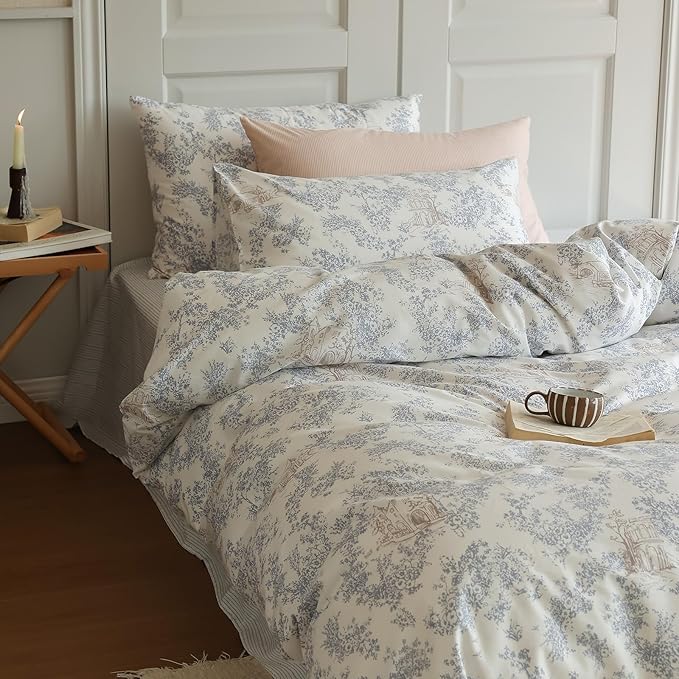 LifeTB Vintage Garden Floral Duvet Cover Queen Cozy Cotton Botanical Flower Bedding Set Queen Vintage Boho Cabin Floral Comforter Cover Country Style Cottagecore Duvet Cover Queen Bedding Set