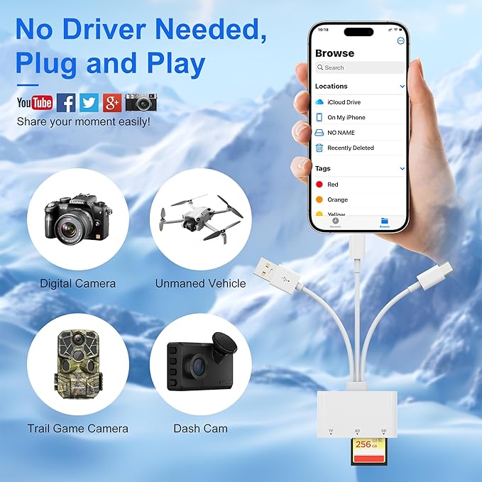 XD Card Reader, SD Card Reader for iPhone, 3 in 1 SD/TF/XD Picture Reader for Lightning/USB C/USB A Device, Lightning+USB A+USB C xd Picture Card Adapter for iPhone 16/15/14/13/iPad/PC/Android
