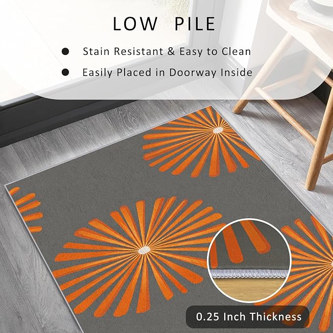 Mid Century Modern Runner Rug 2x7, Sunburst Starburst Design, Retro Geometric Area Rug Washable Hallway Rugs Non-Slip Floor Carpet Runner for Bedroom, Narrow Hallway, Kitchen Aisle