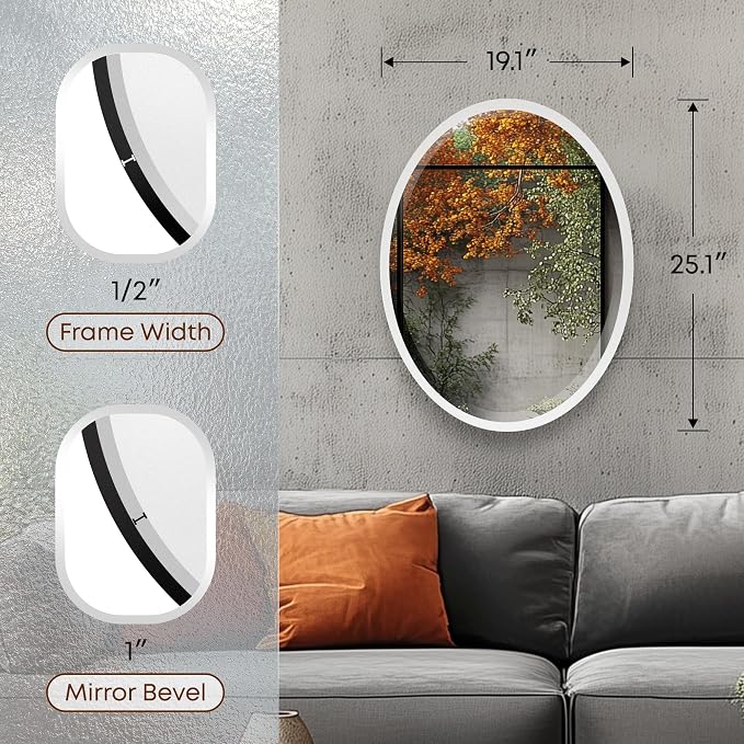 OVALCREST - Oval Wooden Beveled Wall Mirror for Home Decor, Bathroom, Vanity, Bedroom, Living Room, Hallway - London Style (Linen White) 25.1 x 19.1