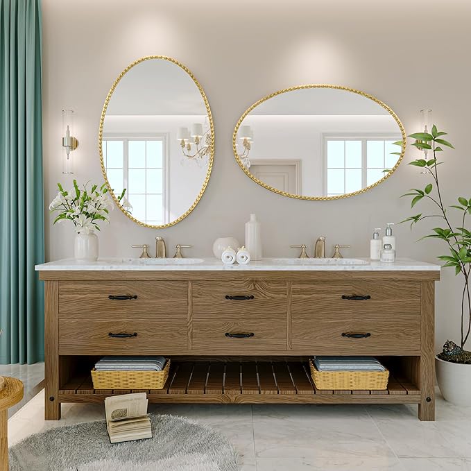 Gold Oval Bathroom Mirror, 24x32 Inch Floral Oval Mirrors for Wall, Antique Gold Metal Floral Frame Mirrors for Bedroom Living Room Hallway, Hangs Horizontally or Vertically