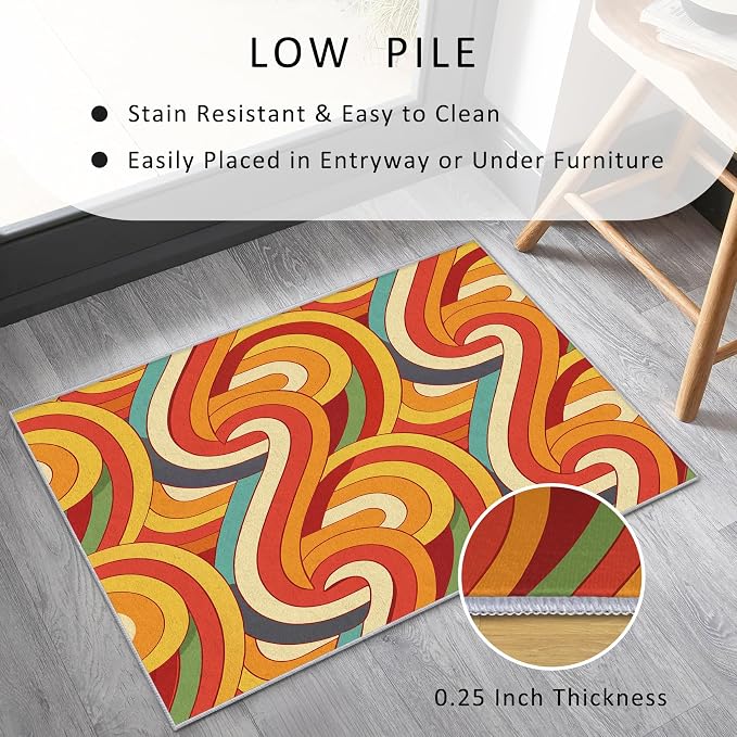 70s Retro Rug 5x8 Abstract Striped Groovy Hippie Pattern Area Rugs for Living Room, Bedroom, 70s Retro Home Decor Accessories Indoor Carpet, Non Slip & Machine Washable, GD0327
