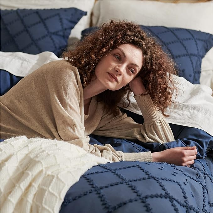 Bedsure Boho Cal King Duvet Cover - Navy Breathable & Soft Boho Bedding, Machine Washable Comforter Cover for All Seasons, Includes 1 Duvet Cover 104"x98" with 2 Pillow Shams & Zipper Closure