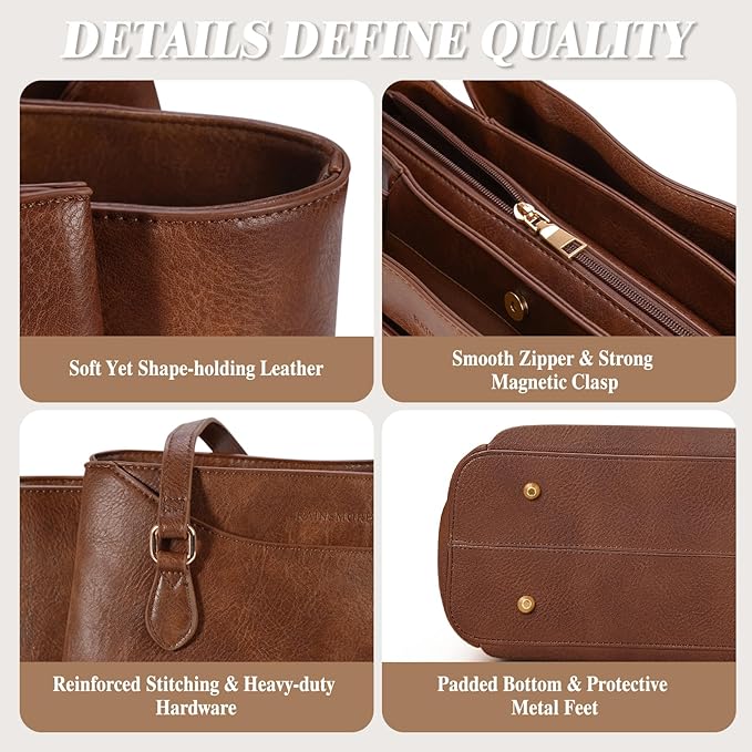 RAINSMORE Laptop Bag for Women 15.6 Inch Work Tote Bags Waterproof Computer Bags Leather Professional Laptop Purse Womens Laptop Briefcase Large Handbag for Office Teacher Travel, Retro Brown