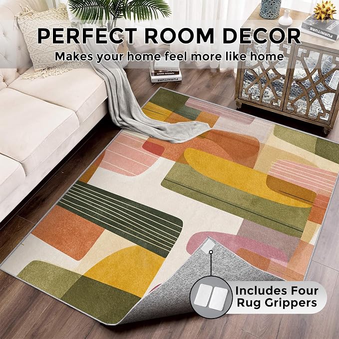 4x4 Mid Century Modern Rugs for Bedroom Decor, Washable Abstract Geometry Pattern Area Rug, Living Room Home Decoration, Non Slip Soft Thin, Boho Decor Carpet PF-P 117