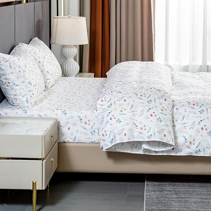Bedlifes California King Sheet Set Ultra Soft, Breathable, Silky Flower Deep Pocket 100% Microfiber Bedding, 4 Piece Cal King Size White Floral