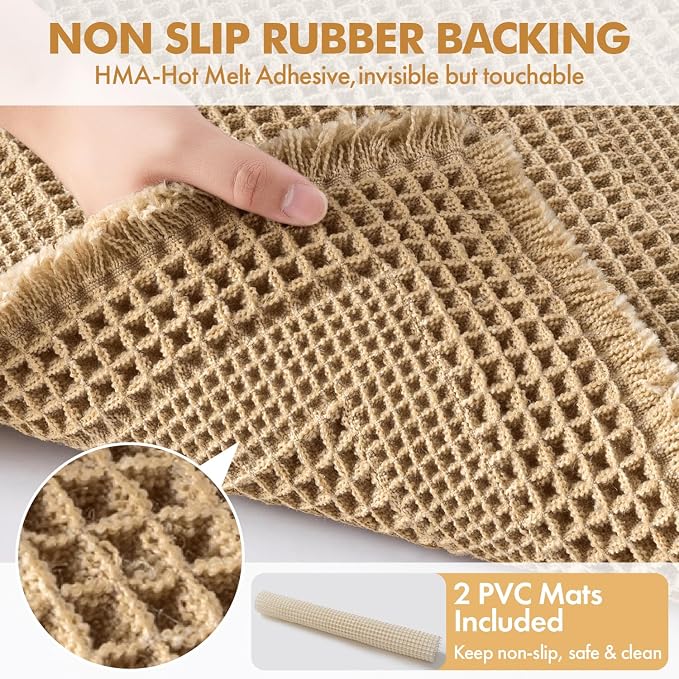 MIULEE Set of 2 Waffle Bathroom Rugs, Boho Bath Rug Super Absorbent, Non Slip Washable Ultra Soft Rubber Backed Shower Bath Mats for Floor, Tub, Shower, Looped Design, Brown, 17x24 Inch