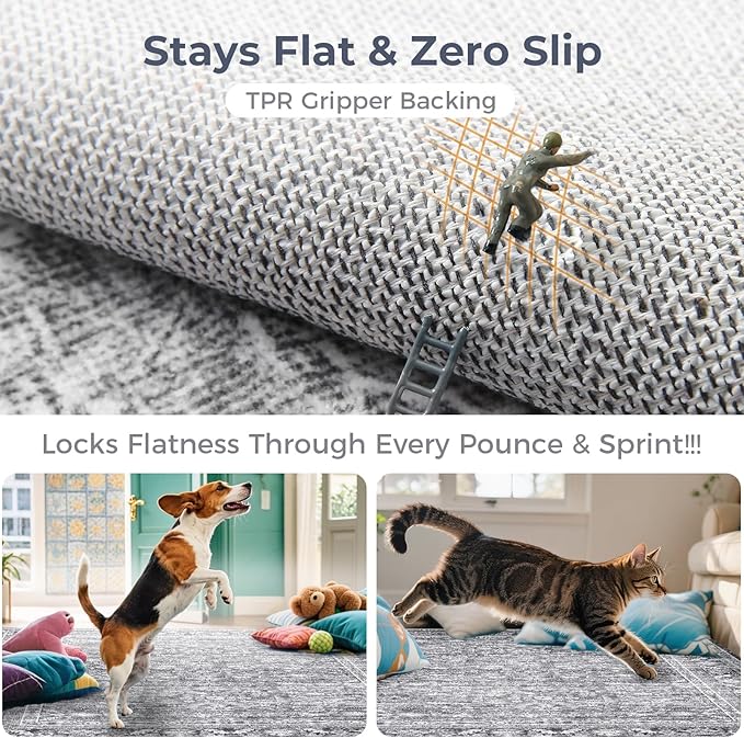 OPPODREAM Vintage Grey Area Rugs 9x12, 9 x 12 Retro Washable Rug Non Slip, Low-Pile Faux Wool Carpet, Distressed Gray Floor Mat for Living Room, Bedroom, Office, Dorm, Dinning Room, Big & Large