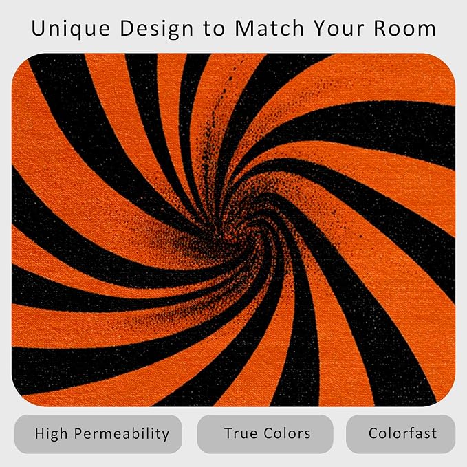 70s Rug Large 7x10 Swirl Abstract Black Orange Striped Pattern Area Rugs for Living Room, Bedroom, 70s Home Decor Accessories Indoor Carpet, Non Slip & Machine Washable, GD0381