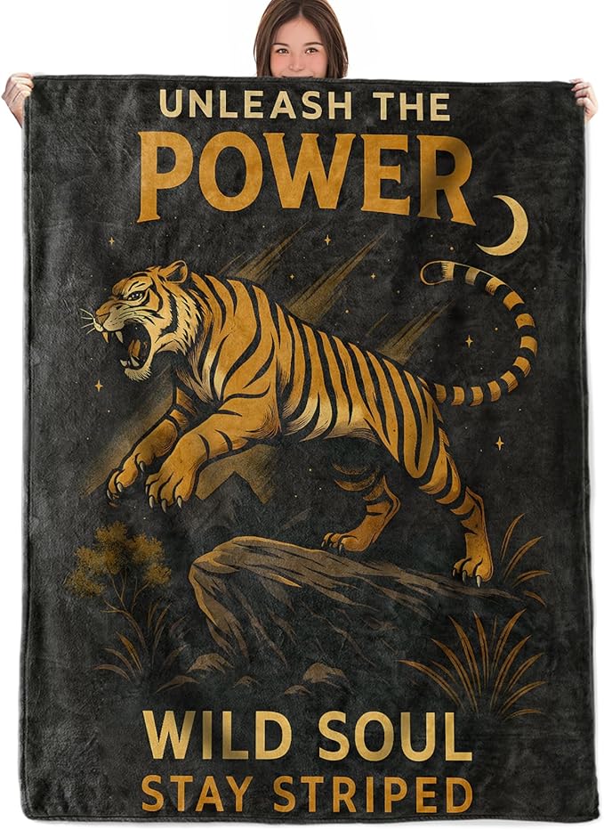 Tiger Power Throw Blanket Gifts for Boys Girls Kids Adults, Animal Flannel Blankets for Travel Sofa Living Room Decor 40"x50"