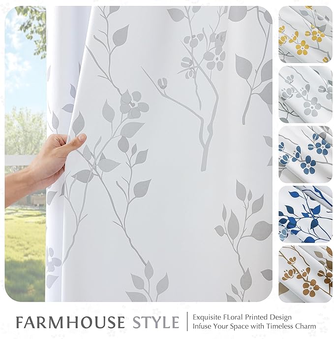 Beauoop Floral 100% Blackout Curtains 63 Inch Length 2 Panels for Bedroom Living Room Grey White Flower Patterned Room Darkening Thermal Insulated Soundproof Rod Pocket Back Tab Window Drapes, 52X63