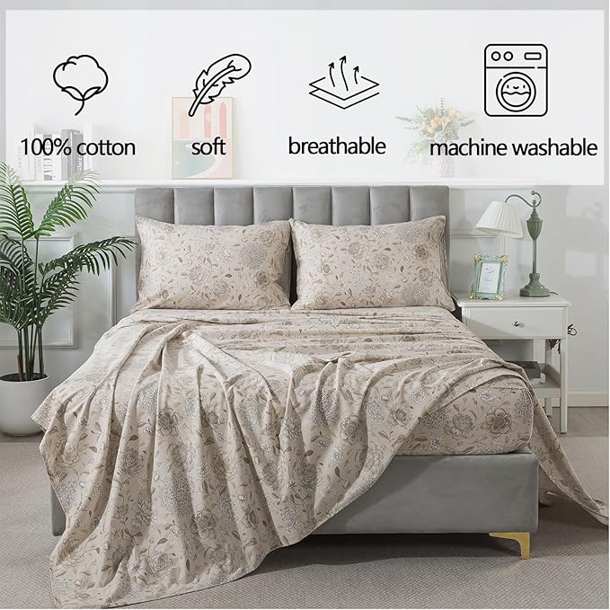 FADFAY Light Khaki Vintage Hydrangea Floral King Size Sheets Set 100% Brushed Cotton Shabby Peony Pattern Bedding Set Deep Pocket Sheets with 2 Pillowcases Luxury Daisy Breathable Soft 4pcs, King Size