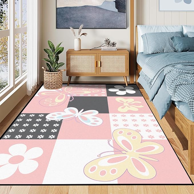 4'x6' Butterfly Area Rug Pink Butterfly Checkered Rugs for Bedroom Living Room Nursery Kitchen Playroom Home Decor Cute Flower Carpet Washable Non Slip Floor Mat
