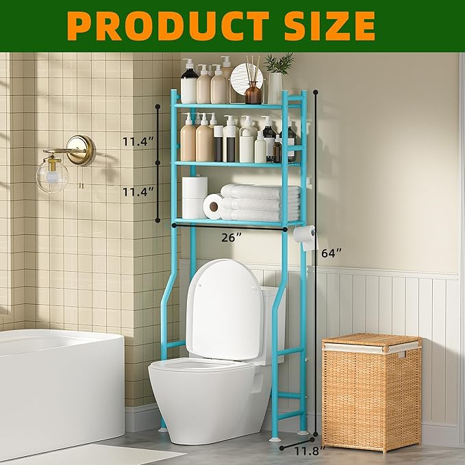 3-Tier Over Toilet Storage with Anti-Tilt Safety System - 150lb Total Capacity Metal Bathroom Shelves Including Paper Holder & 4 Hooks, Space Saving Above Commode Organizer (64" H, Blue)