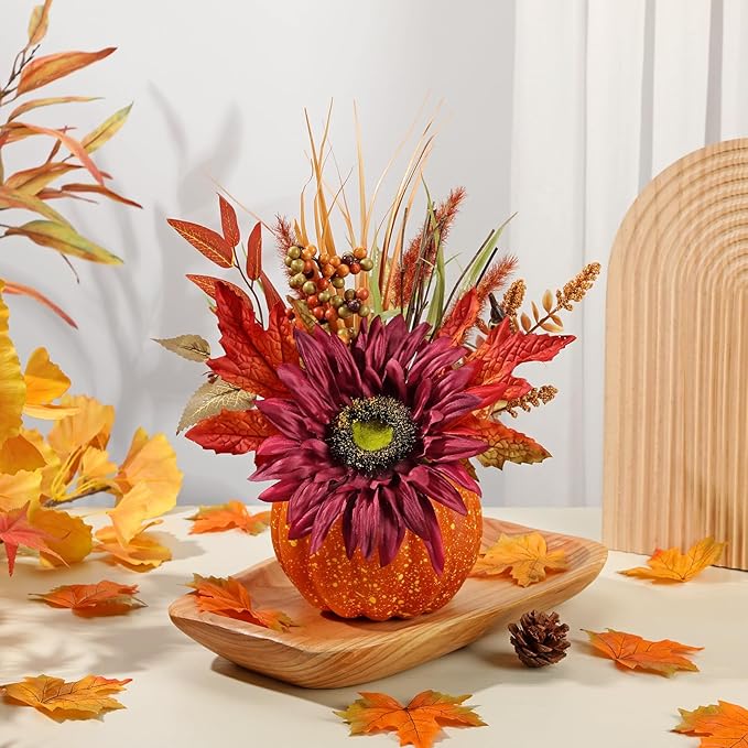 Artificial Pumpkin Floral Arrangement with Burgundy Sunflowers & Autumn Leaves – Fall Table Centerpiece for Thanksgiving, Halloween & Harvest Décor – Rustic Farmhouse Pumpkin Autumn Décor
