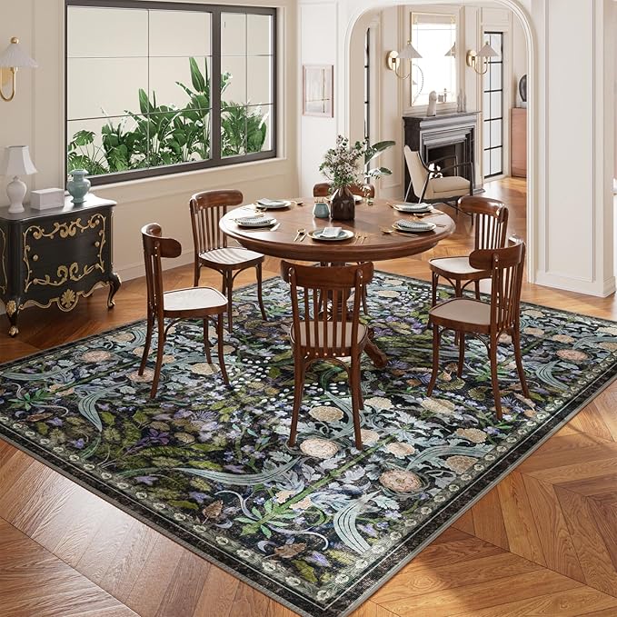 AMTOVO 8x10 Washable Area Rugs for Living Room, Non-Slip&Non-Shedding Large Soft Boho Floral Vintage Accent Print Carpet for Bedroom Dorm Dining Room Farmhouse Nursery Playroom Home Office, Black