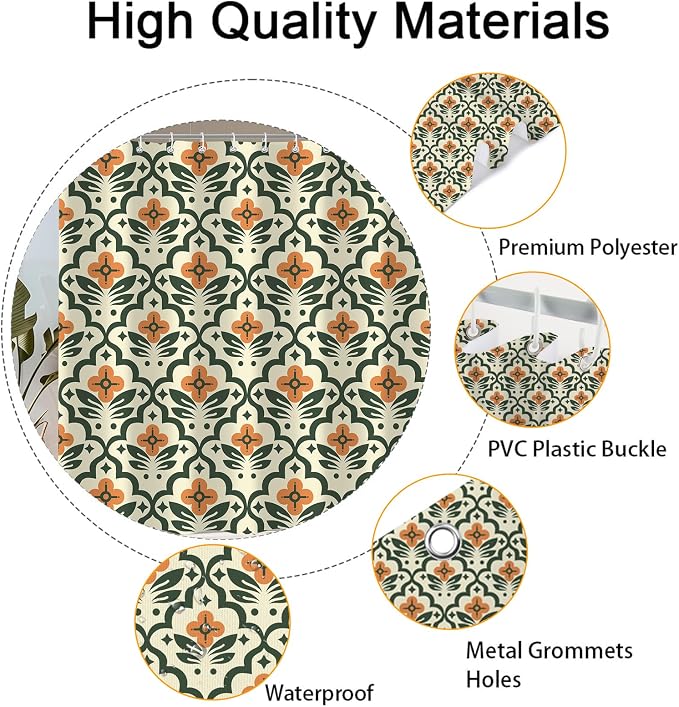 Vintage Boho Floral Shower Curtain，Mid Century Modern Abstract Orange Green Bathroom Curtain，Polyester Fabric Waterproof Bath Curtains 72x72 Inch with 12 Hooks