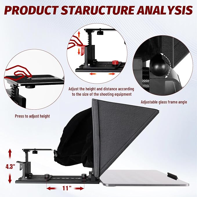 i7 /14-inch teleprompter with Remote Control, Adjustable Camera mounting Platform (Aluminum), rotatable Tempered Optical Glass, Carrying case Included.