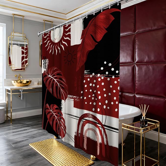 Extra Long Shower Curtain 96 Inchs Extra Tall Black and Red Mid Century Modern XL Boho Burgundy Shower Curtains for Large Bathroom Decor Sets, Waterproof Cloth Fabric with Hooks, 70 x 96 Inch