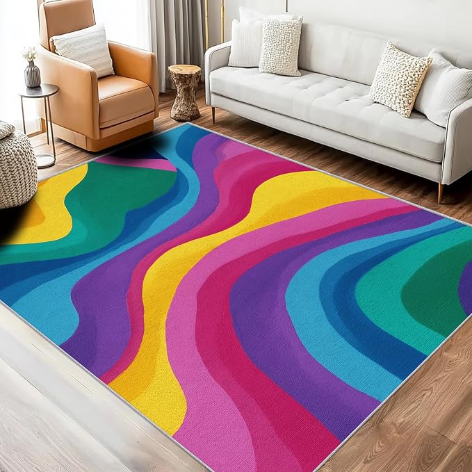Rainbow Abstract Rugs 3x4, Colorful Retro 70s Washable 3 x 4 Area Rug for Living Room, Bedroom, Low Pile Non Slip Stain Resistant Carpet, Abstract Home Decor Accessories & M883