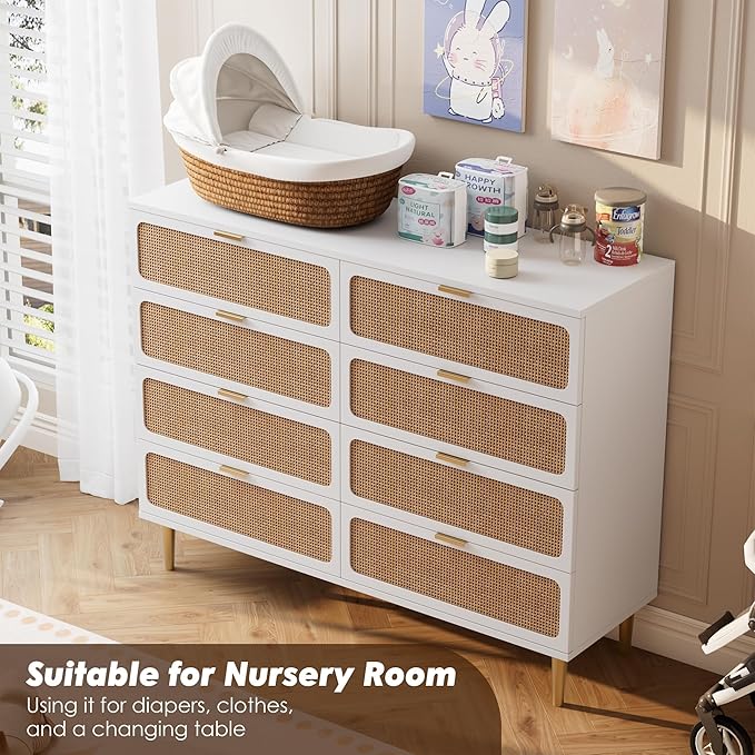 Garvee Rattan Dresser with 8 Drawers, Tall Modern Closet with Deep Storage, Large Chest of Drawers with Wide Top, Long Wooden Dresser for Bedroom, Living Room, Hallway, Kids Room, White