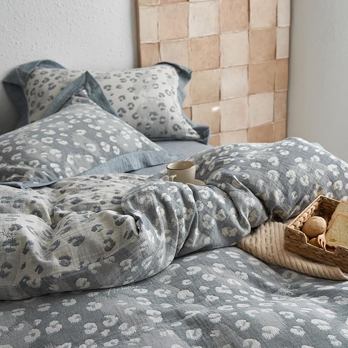 Leopard Print Duvet Cover Full Premium Yarn-Dyed Cotton Linen Jacquard Duvet Cover Grey Leopard Print Bedding Set Aesthetic Floral Leopard Comforter Cover with Zipper Closure Farmhouse Bedding Set