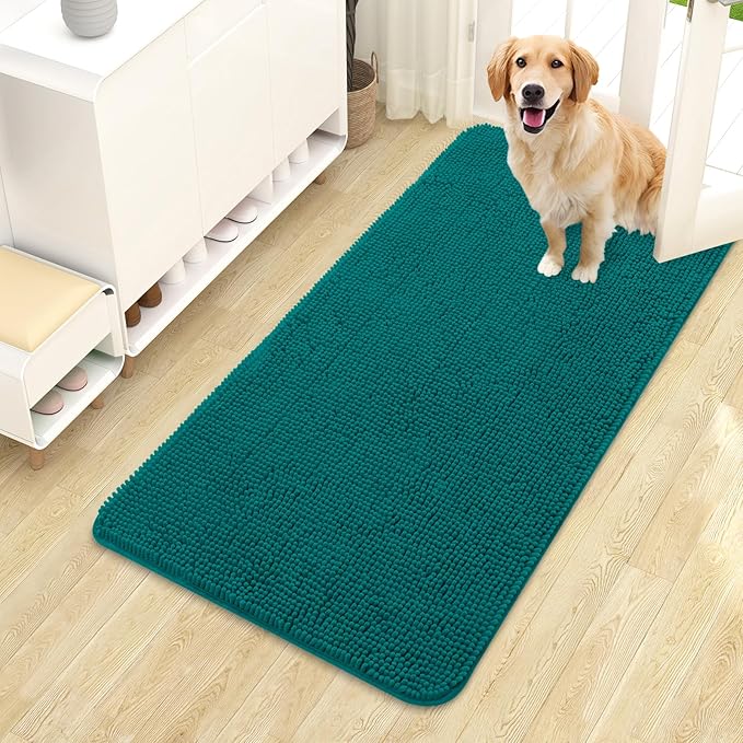 OLANLY Dog Door Mat for Muddy Paws 44x24, Absorbs Moisture and Dirt, Absorbent Non-Slip Washable Doormat, Quick Dry Chenille Mud Mat for Dogs, Entry Indoor Entryway Carpet for Inside Floor, Lake Blue