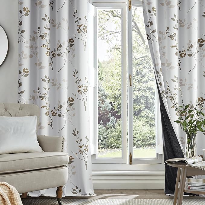 Beauoop Floral 100% Blackout Curtains 72 Inches Long 2 Panels for Bedroom Living Room Tan Brown and White Flower Patterned Room Darkening Thermal Soundproof Grommet Window Treatments Drapes, 52X72