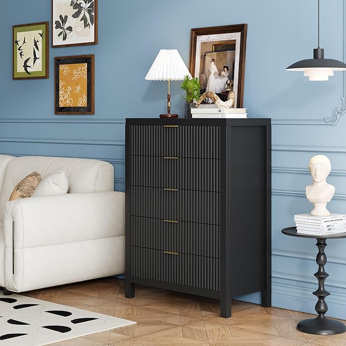 JZXSHD 43" 5 Drawer Dresser Tall Dresser Organizer TV Drawer Cabinet Modern Wood Storage Cabinet, Modern Wood Storage Cabinet for Bedroom, Hallway, Entryway, Black