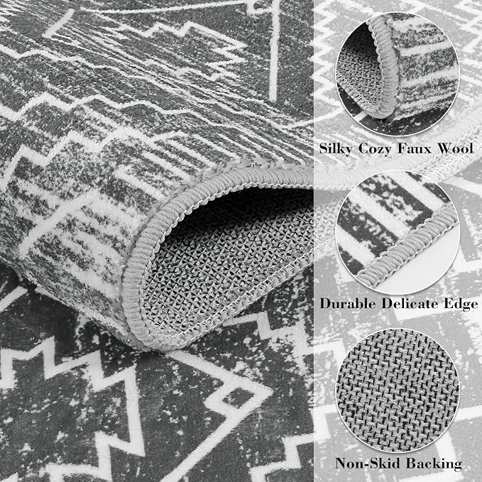 Wonnitar Moroccan 5x7 Washable Rug, Large Grey Area Rug for Living Room, Non-Slip Boho Bedroom Carpet Thin Soft Non-Shedding Farmhouse Rug for Dining Room Table Kitchen Home Office (Dark Grey,5'x7')