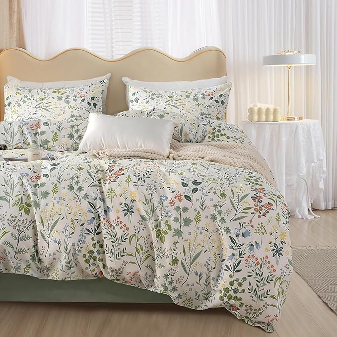 Vintage Botanical Floral Comforter Set Full Size Aesthetic Cute Flowers Comforter Fluffy Soft Boho Garden Floral Bedding Comforter with 2 Pillowcases Girls Cottagecore Comforter Set for All Seasons