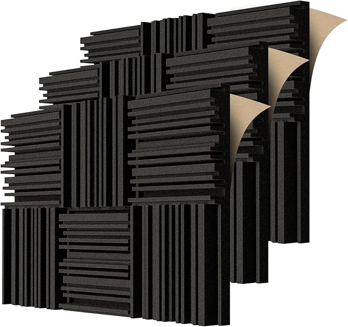 TroyStudio Self-adhesive Acoustic Foam Panels, 12 X 12 X 2 Inches 18 Pcs Broadband Sound Absorbing Foam, Dense Soundproof Padding Tile, Recording Studio Foam Absorber, Groove Decorative Wall Panel
