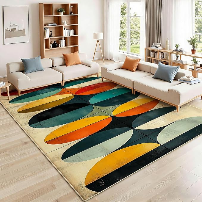 7x11 Geometric Rug, Mid Century Modern Rug for Living Room, Colorful Geometric Rugs, Mid Century Rugs, Abstract Carpet, Non-Slip Washable Carpet, Abstract Bedroom Kitchen
