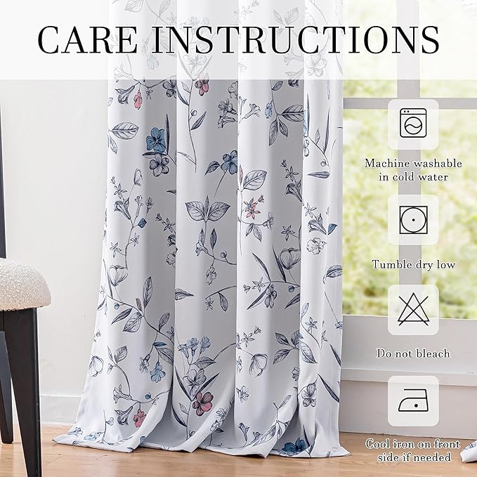 ChrisDowa 100% Blackout Floral Curtains 72 Inches Long 2 Panels for Bedroom Living Room Navy Blue Flower Patterned Room Darkening Thermal Insulated Soundproof Grommet Window Treatments Drapes,52X72